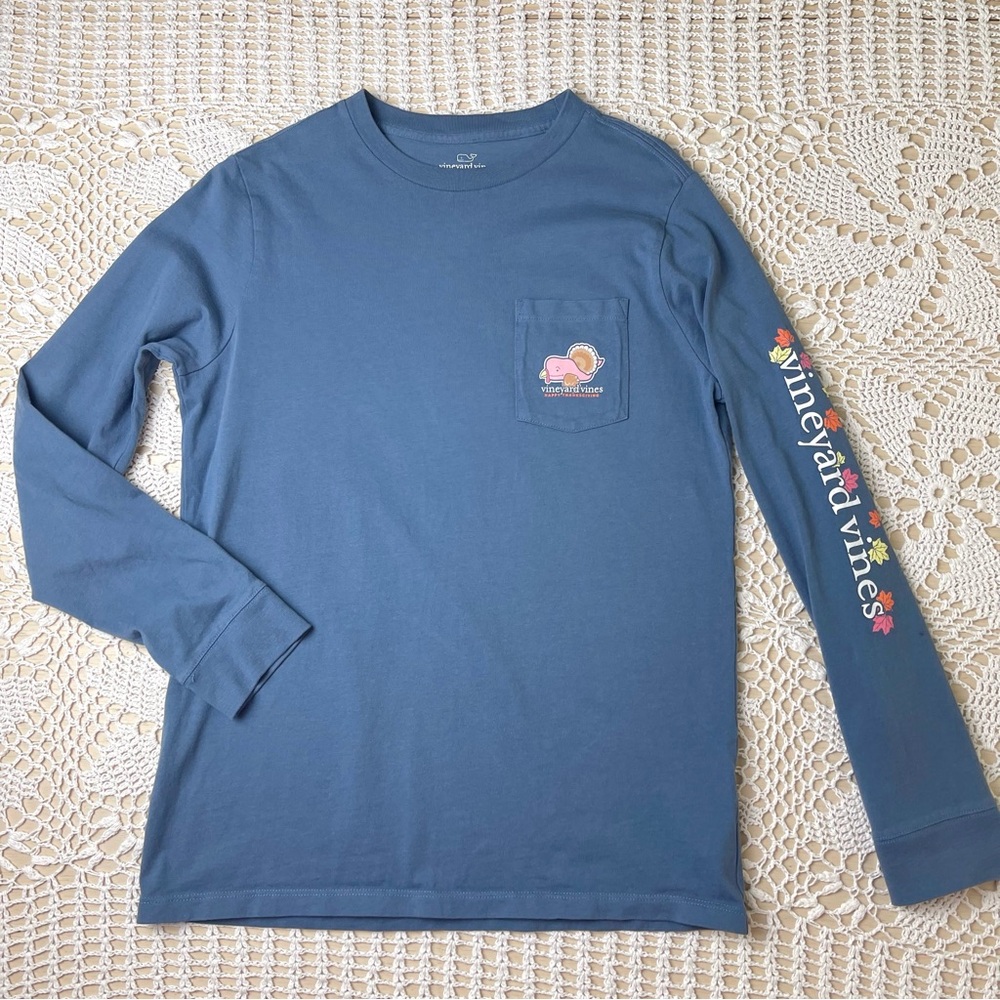 Vineyard Vines Boys L 16 Happy Thanksgiving Blue Long Sleeve Tee Shirt